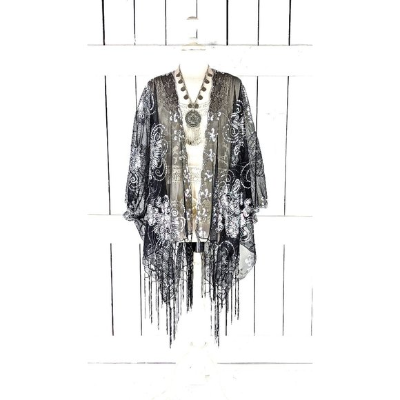Silver black floral sequin sheer kimono cover up jacket - Picture 1 of 4